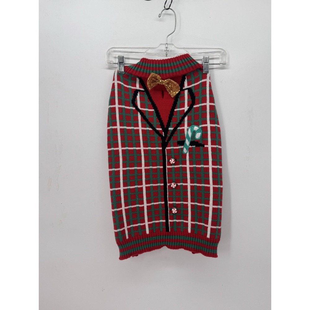 Holiday Time Dog Christmas Sweater Size L Tuxedo Plaid Bow Tie Ugly Xmas Pet